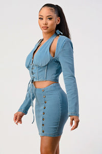 Denim Lace-Up Halter Two-Piece Set