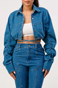 Ruched Sleeve Cropped Denim Jacket