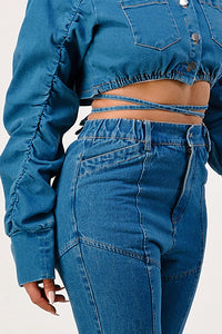 Ruched Sleeve Cropped Denim Jacket