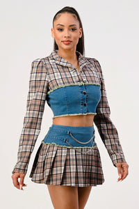 Edgy Plaid and Denim Two-Piece Set