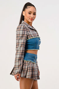 Edgy Plaid and Denim Two-Piece Set