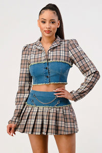 Edgy Plaid and Denim Two-Piece Set