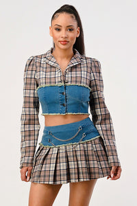 Edgy Plaid and Denim Two-Piece Set