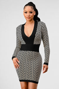 Geometric Print Plunge Bodycon Bandage Dress - ATHINA