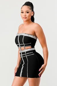 Modern Monochrome: Strapless Bandage Dress with Silver Detailing - ATHINA