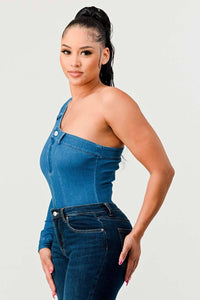 Fashionable one-shoulder denim top with cut-out details