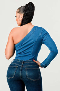 Chic blue denim bodysuit featuring an asymmetrical design