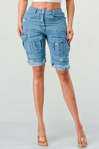 Denim Cargo Bermuda Shorts: Light blue denim Bermuda shorts featuring multiple cargo pockets and distressed detailing. The shorts have a rolled hem for a casual, rugged look.