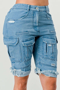 Distressed Denim Cargo Shorts: These light blue denim shorts come with several cargo pockets and distressed accents. The Bermuda length and rolled hem offer a stylish, laid-back vibe.