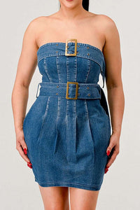 Fashion-forward denim dress with strapless design and belt details Rêve Dorés