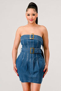 Denim strapless dress featuring pleats and belt accents Rêve Dorés