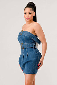 Strapless denim mini dress with pleats and belt buckles Rêve Dorés