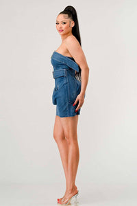 Fashionable blue denim strapless dress with gold belt buckles Rêve Dorés