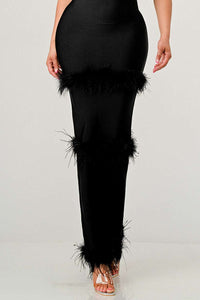 Evening Elegance: Black Feather-Trimmed DRESS with Crystal Accents - ATHINA