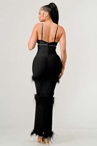 Evening Elegance: Black Feather-Trimmed DRESS with Crystal Accents - ATHINA