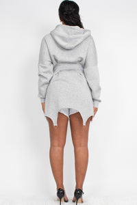 Sporty-chic grey mini hoodie dress with an asymmetrical hemline and long sleeves by Rêve Dorés