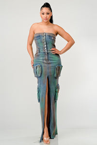 Contemporary strapless denim dress with a high slit and oversized pockets Rêve Dorés