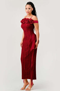 Burgundy Enchanting Rose Off-Shoulder Dress by Rêve Dorés.