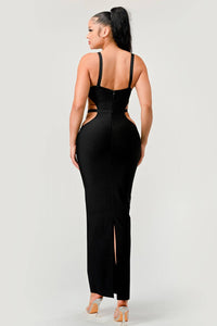 Black Maxi Dress with Cut-Out Details and Gold Accents: A stunning black maxi dress with side cut-outs and gold-accented straps. The bodycon fit and elegant design make it ideal for formal events and special occasions.