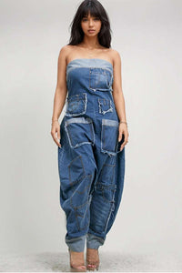 Denim Patchwork Bandeau Jumpsuit | ETIMATED SHIPPING DATE (05/10/2024) - ATHINA