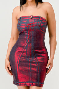 Hellcat Denim Dress | Model wearing a strapless mini denim dress in a bold red and black ombre design, featuring structured stitching details and a flattering bodycon silhouette. Perfect for a chic and edgy evening look - Rêve Dorés