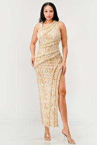 Sun-Kissed Desert Dunes Dress | Model wearing a sleeveless, textured maxi dress in a soft yellow and white tie-dye pattern, featuring braided rope details draped across the body for a unique, bohemian-inspired look. Styled with block-heeled sandals and gold accessories, perfect for a sunny outdoor setting - Rêves Dorés