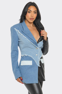 Edgy Denim and Leather Patchwork Blazer - ATHINA