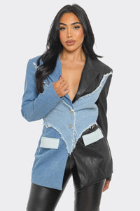 Edgy Denim and Leather Patchwork Blazer - ATHINA