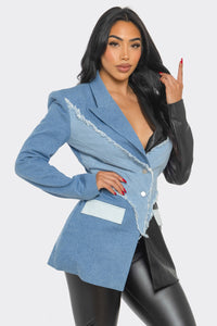 Edgy Denim and Leather Patchwork Blazer - ATHINA