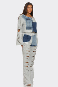 Distressed Denim Patchwork Set - ATHINA