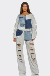 Distressed Denim Patchwork Set - ATHINA