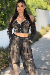 Distressed Denim Crop Top and Cargo Pants set - ATHINA