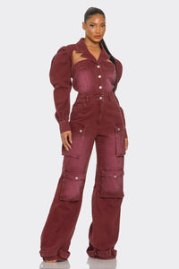 Vintage Inspired Utility Burgundy Jumpsuit - ATHINA