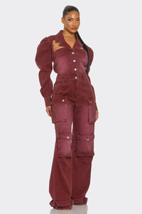 Vintage Inspired Utility Burgundy Jumpsuit - ATHINA