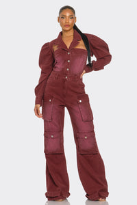 Vintage Inspired Utility Burgundy Jumpsuit - ATHINA