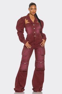 Vintage Inspired Utility Burgundy Jumpsuit - ATHINA