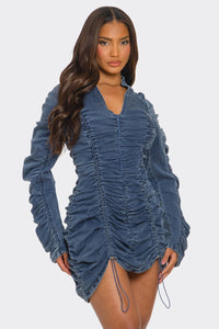 Ruched Denim Mini Dress