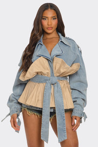 Pleated Contrast Denim Jacket