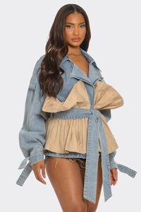 Pleated Contrast Denim Jacket