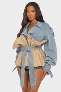 Pleated Contrast Denim Jacket