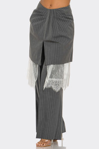 Lace-Layered Pinstripe Pant Set